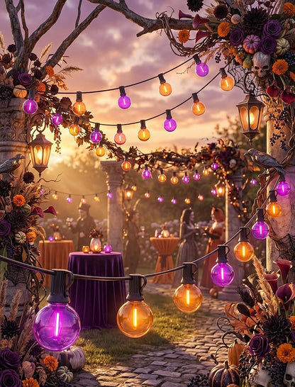 25FT G40 LED Outdoor Halloween String Lights, Orange and Purple Halloween Decorations Lights with 27 Shatterproof Globe Bulbs(2 Spare), Hanging Patio Lights for Holiday Balcony Backyard Party Garden