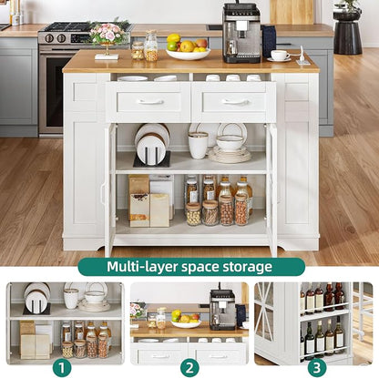 YITAHOME Kitchen Island with Seating | 47 Inch Mobile Storage Island with Drop Leaf, Power Outlet & Spice Rack, 2 Upholstered Stools and Footrest, White Oak