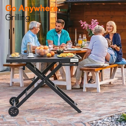 veralune Folding Grill Table, Outdoor Prep Table with 2 Wheels, Adjustable Height Portable Grill cart for Outdoor Cooking Camping BBQ Tailgating Picnicking