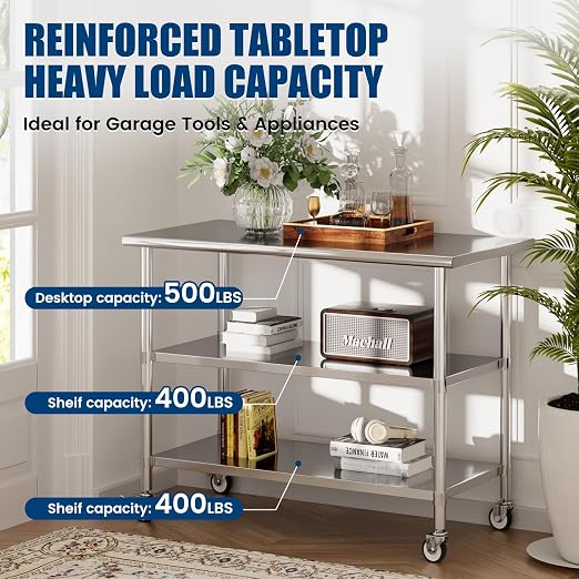 Stainless Steel Work Table with Wheels, 24x60 Inch NSF Kitchen Prep Table with 2 Adjustable Undershelves for Commercial Restaurant, Garage, Outdoor BBQ