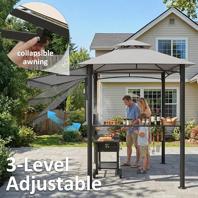CHARMELEON 8x8 FT Grill Gazebo, Grill Canopy with Big Awning&2 Side Shelves&6 Hooks&Bottle Opener, Powder-Coated Steel BBQ Shelter for Patio Backyard Outdoor Grilling-Light Gray
