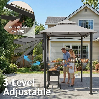 CHARMELEON 8x8 FT Grill Gazebo, Grill Canopy with Big Awning&2 Side Shelves&6 Hooks&Bottle Opener, Powder-Coated Steel BBQ Shelter for Patio Backyard Outdoor Grilling-Light Gray