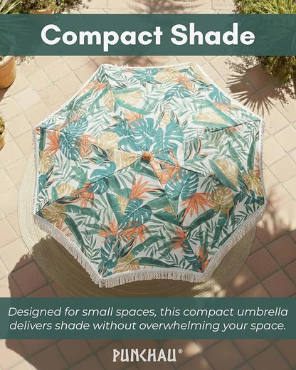 6 Ft Fringe Patio Umbrella - Outdoor Umbrella for Patio, Pool, Table, Garden, Deck, Beach, and Outdoors - Fashionable Boho Vintage Tassels & Wood Print - Push Button Tilt Pole