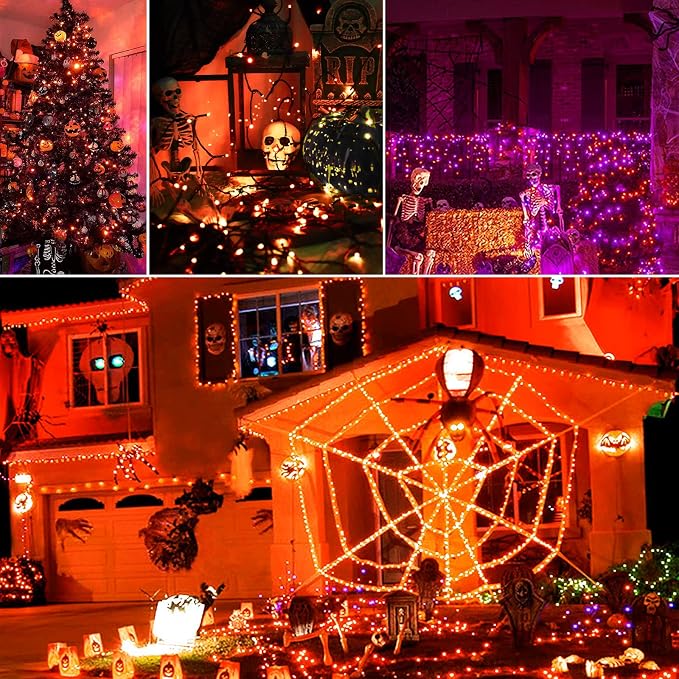 Solar Halloween String Lights, Orange 200Led, Outdoor Waterproof | 2 Pack Total 400Led 144Ft 8 Mode, IP44 Outside Fall Thanksgiving Fairy Lights for Tree, Garden, Patio, Lawn, Yard Decorations