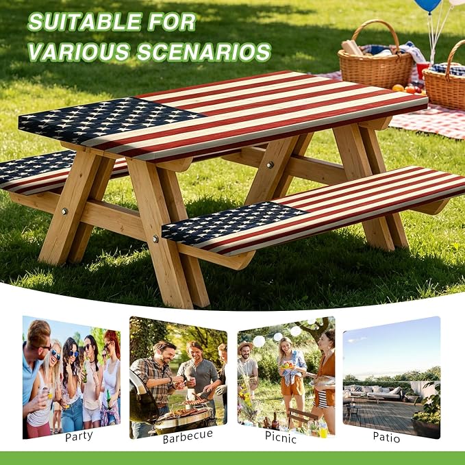 JAWO Fitted Picnic Table and Bench Cover, Vintage American Flag Pledge of Allegiance Print Waterproof Elastic Picnic Tablecloth for Outdoor Patio Camping Backyard Park, 30X60inch