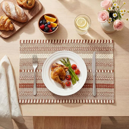 Artoid Mode Caramel Farmhouse Woven Braided Stripe Placemats Set of 4,12x18 Inch Seasonal Holiday Table Mats Party Kitchen Dining Decoration