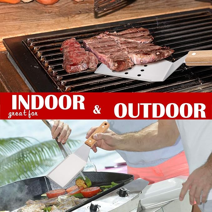 HaSteeL Metal Spatulas, 2 Pcs Stainless Steel Griddle Spatula Burger Turner, Heavy Duty Griddle Tools Set for Teppanyaki BBQ Flat Top Hibachi Cast Iron Grilling Cooking, Easy to Clean & 2 Hooks