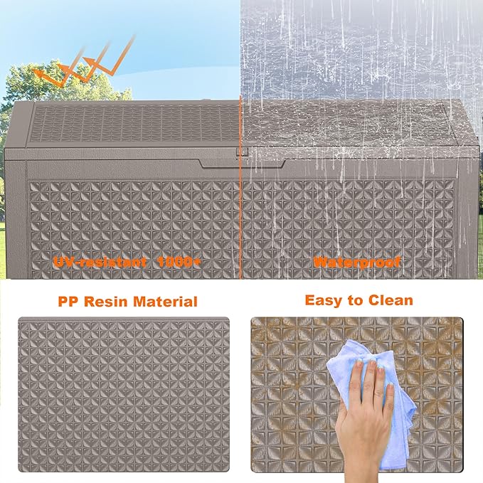 110 Gallon Large Outdoor Storage Box Waterproof, UV Resistant Resin Deck Box with Hydraulic Rod for Patio Furniture,Garden Tools,Cushions, Easy to Install（Grey）