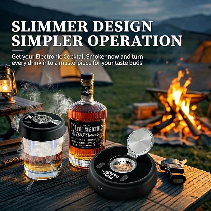 Electric Cocktail Smoker with LED Display – Rechargeable Whiskey Smoke Infuser for Drinks & Food – Includes 6 Wood Chips & Ice Mold – USB Powered Bar Tool for Home Bartenders