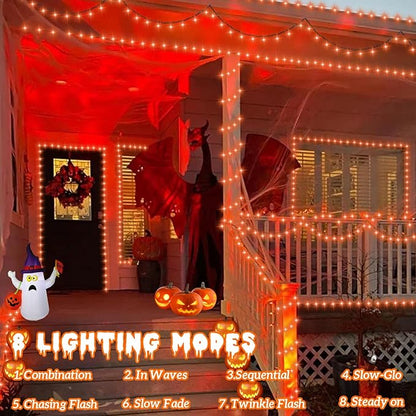 QITONG Orange Solar String Lights, 2 Pack Each 66ft 200 LED Solar Fairy Lights Outdoor Waterproof, Green Wire Twinkle Light with 8 Modes for Outside