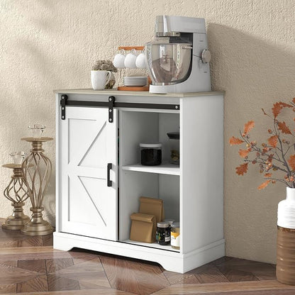 Panana Sliding Barn Door Buffet Sideboard Storage Cabinet Coffee Bar Kitchen Farmhouse Style (White Cabinet Nature Top)