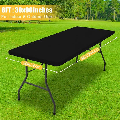 Rectangle Table Cloth, Waterproof Elastic Fitted Tablecloth for 8 Foot Folding Tables, Washable Polyester Tablecloths for Picnic, Camping, Outdoor (Black, 30"x96")