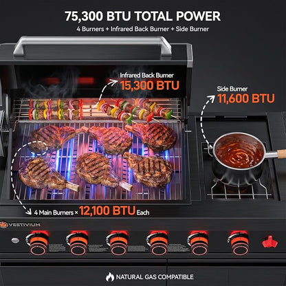 SERA C 4-Burner Natural Gas Modular Outdoor Kitchen with Fridge | 75300 BTU + side burner, 68L fridge 0-10°C for drinks ingredient, 304 stainless steel, locking caster, compact patio backyard