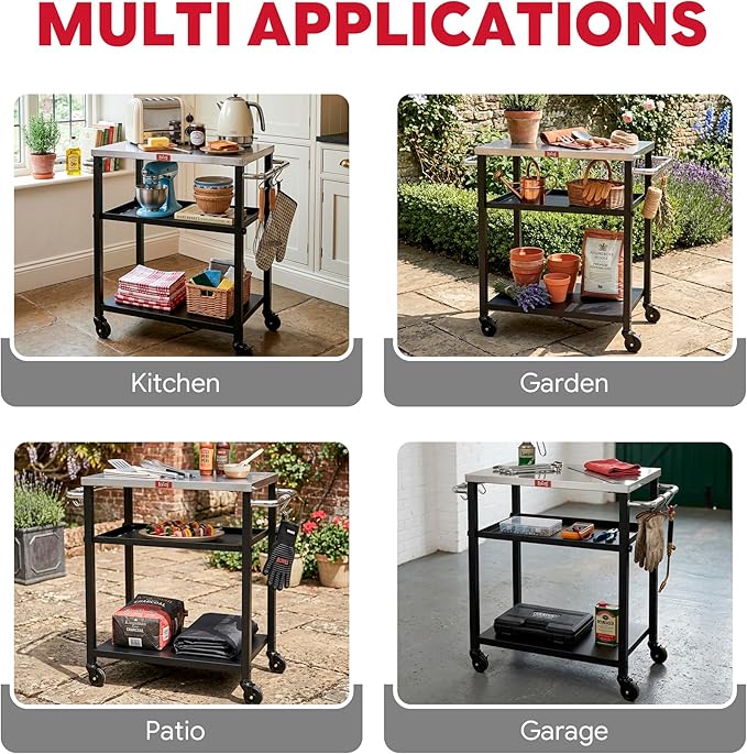 Feasto 3-Tier Outdoor Grill Cart, Rolling Pizza Oven Table with Compact 26.6" x 16.1" Stainless Top for Pizza Ovens & Griddles, Outdoor Bar Cart with S-Hooks for Patio Parties, Deck Dining & Camping