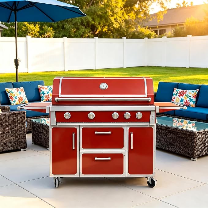 49" Stainless Steel Propane Gas Grill, 4 Burners & Infrared Burner, Red | 304 stainless steel 99,000 BTU Dual-lined hood Easy ignition Warming rack Storage drawers Gliding wheels