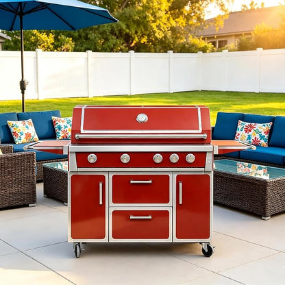 49" Stainless Steel Propane Gas Grill, 4 Burners & Infrared Burner, Red | 304 stainless steel 99,000 BTU Dual-lined hood Easy ignition Warming rack Storage drawers Gliding wheels