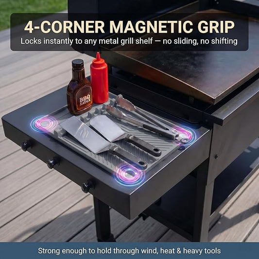 Magnetic Silicone Side Shelf Mat for Blackstone Griddle - 4 Corner Magnets, Extra Thick, Linear Drip Channels, 446°F Heat Resistant, 16"x11.5", Fits Weber Traeger Pit Boss, BBQ Gift for Men