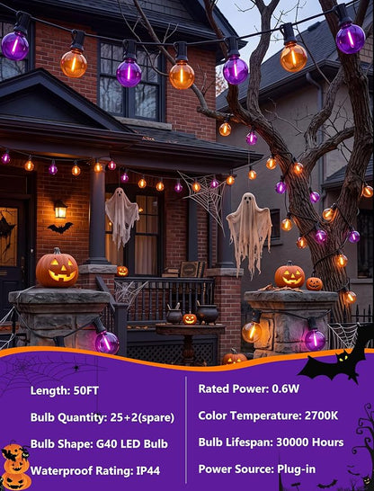LED Outdoor Halloween Lights, 50FT 25 G40 Orange Purple Globe String Lights | Plug in Patio Lights, IP65 Waterproof, Hanging Outdoor Halloween Decorations Lights for Outdoor Porch Backyard Garden Party