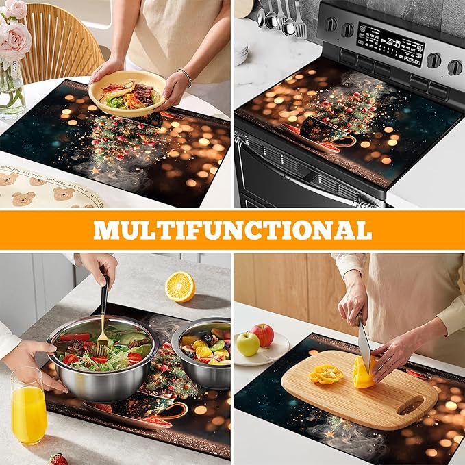 Christmas Multi-Design Stove Cover for Glass/Electric Stoves - 3-in-1 Heat-Resistant Protector Mat, Non-Slip Drying Rack 28"x20"