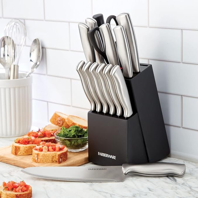 Farberware 15-Piece Kitchen Knife Set, High-Carbon Stainless Steel Blades with Wood Block, Steak Knives, Sharpening Tool & All-Purpose Shears, Razor Sharp, Ergonomic Stainless Steel Handles