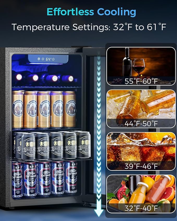 COWSAR Mini Fridge Cooler, 130 Can Beverage Refrigerator with Glass Door, ETL Approved Wine Fridge with Digital Temperature Control, LED Light, Reversible Door for Home, Office, Bar - 3.2 Cu.Ft
