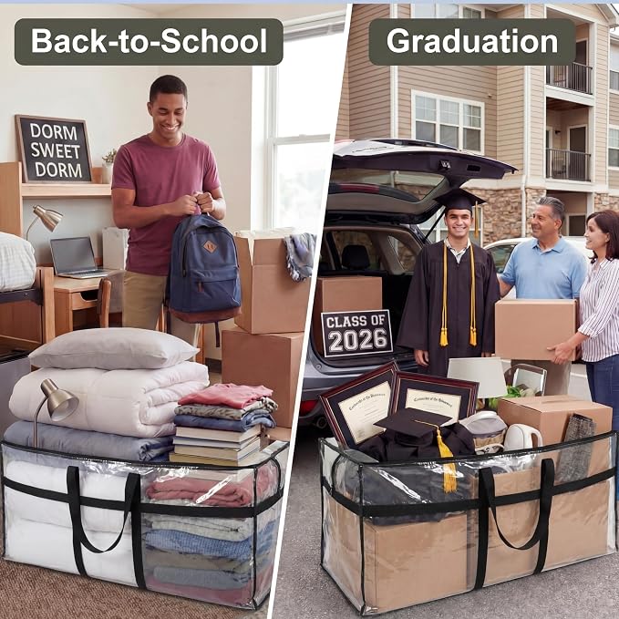 4 Pcs 66 Gallon Extra Large Moving Bags Heavy Duty Storage Bag with Strong Zipper Handle Foldable XXL Jumbo Storage Tote Packing Moving Box for College Dorm Travel Cloth Duffle (Clear)