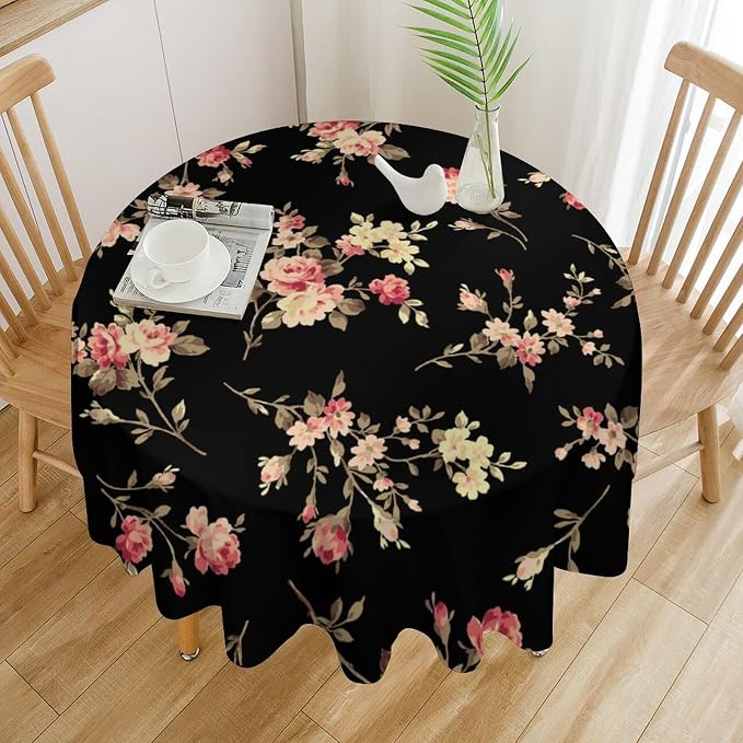 Vintage Flower Round Tablecloth, Black Pink Garden Florals Rustic Roses Boho Botanical Plant Water Resistant Wipeable Table Cover for Picnic Party Holiday Kitchen Dinner Table 70"
