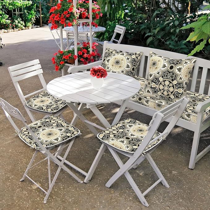 DYTXIII Set of 4 Outdoor Chair Cushions with Ties,Water Repellent Patio Chair Pads 17"x 16" for Outdoor Furniture,Round Corner Seat Cushions for Garden Yard Kitchen Vintage Medallion