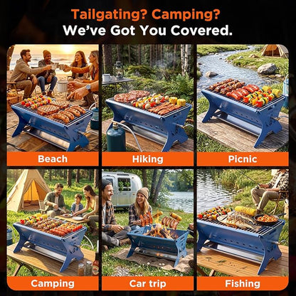 QuliMetal Portable Camping Grill, Foldable 3-in-1 Charcoal Wood Gas BBQ Grill with Carry Bag, Heavy-Duty Stainless Steel Fire Pit for Outdoor Cooking Backpacking Tailgating Patio Backyard