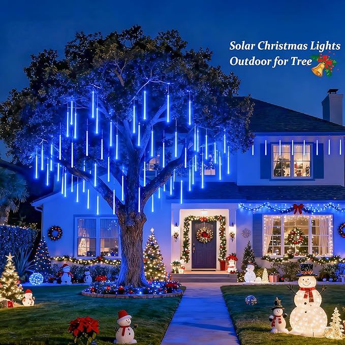 JMEXSUSS Solar Lights for Outdoor Decor, 8 Tube 144 LEDs Solar Meteor Shower Lights Outdoor, Hanging Blue Christmas Lights for Tree Yard Icicle Garden Patio Gazebo Eaves Front Porch Decor