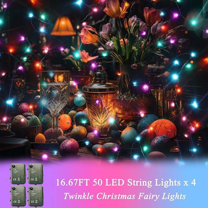 Pooqla Easter String Lights Battery Powered, 4 Pack Total 66.6 FT 200 LED Colorful Pastel String Lights for Indoor Outdoor Decoration, Twinkle Fairy Light for Home Party Room Garden Party Décor