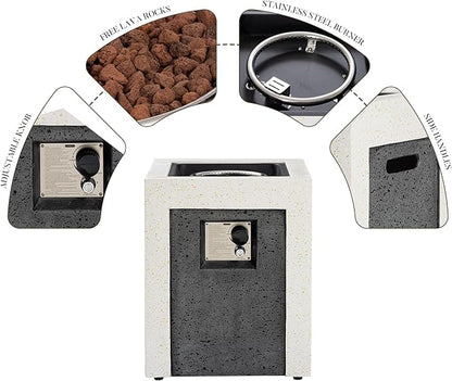 COSIEST Outdoor Propane Fire Pit Table w Compact Ledgestone 19-inch Square Graphite Base with Waterproof Cover, Certified, 40,000 BTU, Free Lava Rocks, Touch-up Pen, Fits 20lb (Grey&White)