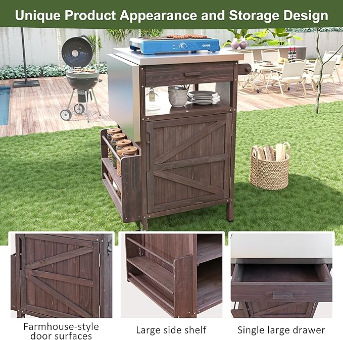 40.5" Outdoor Grill Cart with Stainless Steel Top, Solid Wood Storage Cabinet with Drop Leaf, One Drawer, Towel Rack, Rolling Kitchen Cart with Lockable Wheels for Lawn Garden