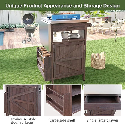 Outdoor Grill Cart with Stainless Steel Top, 40.5”Solid Wood BBQ Prep Table for Pizza Oven, Mobile Outdoor Kitchen Island with Drop Leaf, Storage Cabinet, Towel Rack & Spice Holder for Patio