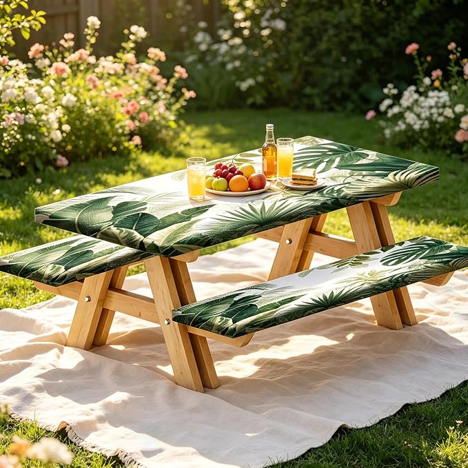 JAWO Picnic Table Cover with Bench Covers and Bag, Tropical Plant Leaves Rv Essentials, Waterproof Windproof Fabric, Fitted Tablecloth Cover with Elastic Edge, 3 PCS, 30x60 Inch