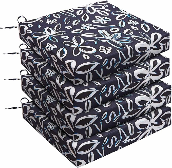 UNIKOME Outdoor Chair Cushions Pack of 4, Water Resistant Patio Cushions with Ties, High Density Sponge Filling Square Corner Seat Cushions for Outdoor Furniture, 19"*19"*3", Navy/White