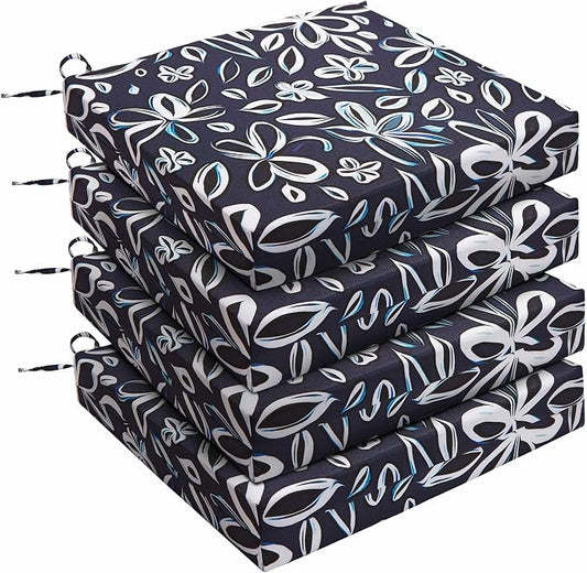UNIKOME Outdoor Chair Cushions Pack of 4, Water Resistant Patio Cushions with Ties, High Density Sponge Filling Square Corner Seat Cushions for Outdoor Furniture, 19"*19"*3", Navy/White