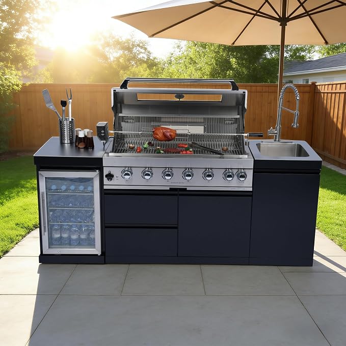 82" 6-Burner 85000 BTU Deluxe Outdoor Kitchen Island,304 Stainless Steel Modular Propane BBQ Grill Combination With Storage Cabinet, Refrigerator and Sink for Backyard (82"-Black&Sivler, Propane Gas)