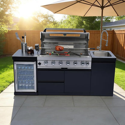 82" 6-Burner 85000 BTU Deluxe Outdoor Kitchen Island,304 Stainless Steel Modular Propane BBQ Grill Combination With Storage Cabinet, Refrigerator and Sink for Backyard (82"-Black&Sivler, Propane Gas)