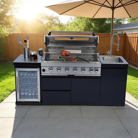 82" 6-Burner 85000 BTU Deluxe Outdoor Kitchen Island,304 Stainless Steel Modular Propane BBQ Grill Combination With Storage Cabinet, Refrigerator and Sink for Backyard (82"-Black&Sivler, Propane Gas)