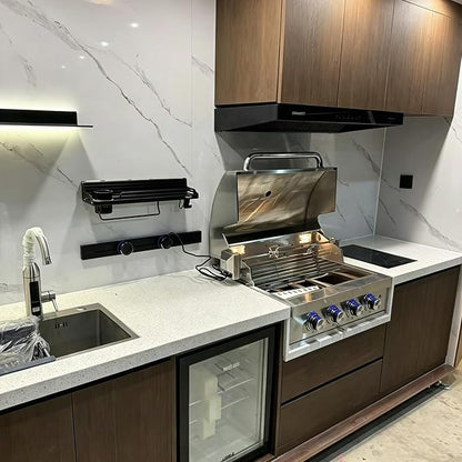 Luxury Prefab Outdoor Kitchen Kits with Roof, Modular Outdoor Kitchen Pod with Grill, Sink, Storage Cabinet, Burners, Refrigerator, Patio and Backyard Cooking Station