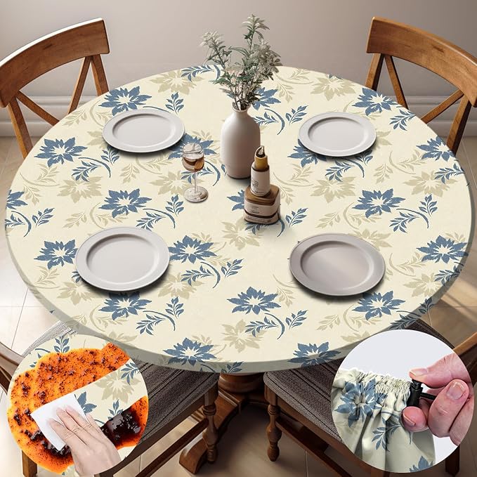 opstellen Fitted Round Tablecloths Reusable Stain Resistant Table Clothes Vinyl Indoor Outdoor Circular Cover for 36-44" Table Dorm kitchen Storage Gifts Summer Autumn Camper Patio Picnic Accessories