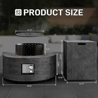 2-Piece Outdoor Propane Fire Pit Table Set w Tank Table 30'' Round Fire Pit Table w Wood Grain Firepit Table for Outside Gas Fire Pit w 304 Stainless Steel Burner 50,000 BTU, Dark Gray w Warm LED