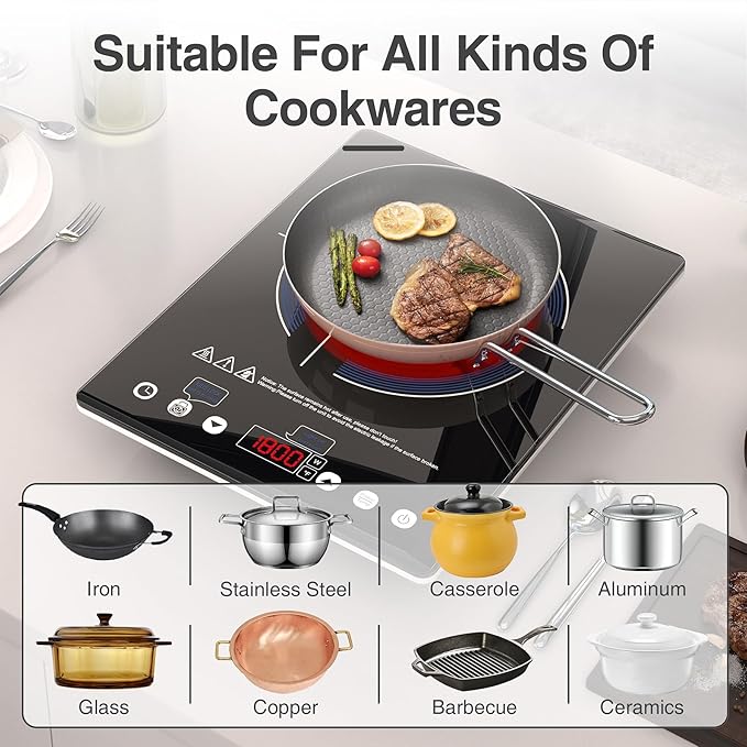 GIHETKUT Electric Cooktop Single Burner, 1800W Electric Stove Top with Touch Control, 9 Power Levels, Kids Safety Lock & Timer, Overheat Protection,110V Induction Cooktop