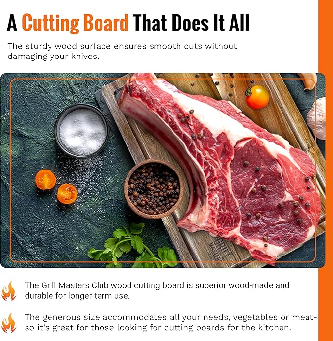 Grill Masters Club Premium Acacia Wood Cutting Board for Kitchen | Large Wooden Cutting Board with Juice Groove | Lightweight Grill for BBQ Masters, & Cooking Enthusiasts-Ideal for Gift