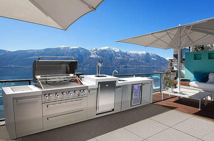 Mont Alpi Deluxe 180"W Stainless Steel Outdoor Kitchen Island with Refrigerator + Faucet & Sink + 3-tap Kegerator Beer Dispenser + 44"W 6-Burner BBQ Gas Grill + Granite Countertops + Storage + Cover