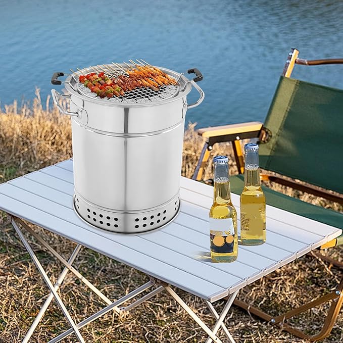 Large Portable Charcoal Grills, Stainless BBQ Grill Barrel, 360° Smokeless Outdoor Barbecue Grill for Travel Camping Grill Outdoor Cooking Picnic Patio Backyard (20 Skewers -B)
