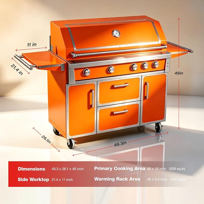 49" Orange Stainless Steel Grill, 4 Burners & Infrared Burner, Natural Gas | 99,000 BTU dual-lined hood easy ignition warming rack versatile cooking space storage drawers gliding wheels