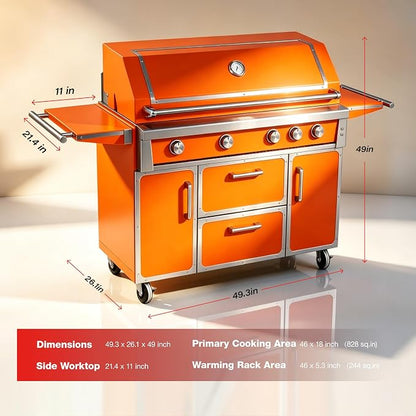 49" Orange Stainless Steel Grill, 4 Burners & Infrared Burner, Natural Gas | 99,000 BTU dual-lined hood easy ignition warming rack versatile cooking space storage drawers gliding wheels