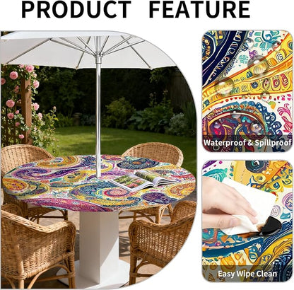 Outdoor Tablecloth with Umbrella Hole and Zipper Fits 32-36" Tables | Waterproof Round Fitted Tablecloth with Elastic Edge, Wipeable Outdoor Table Cover for Patio, Garden, Picnic